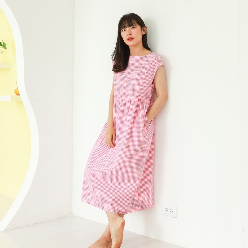 Cotton 100% gingham boat neck dress with lining on below part : Pink-White color - One Piece Dresses - Cotton & Hemp Pink