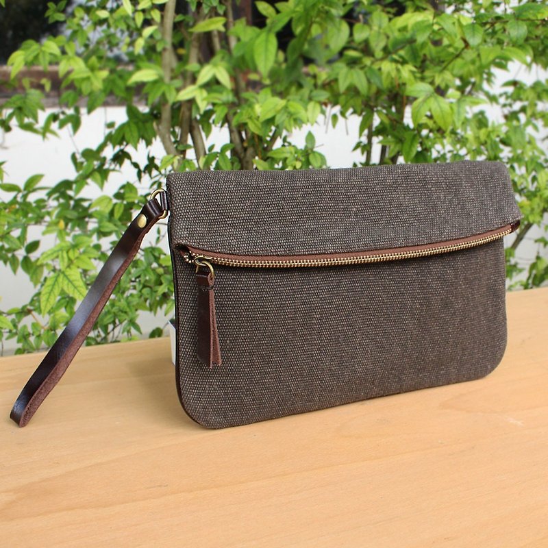 Canvas Clutch with Cow Leather Strap&Hem - Grey Color + Dark Brown Cow Leather Strap / Cotton Bag / Canvas Bag / Clutch / Wallet - Other - Cotton & Hemp 