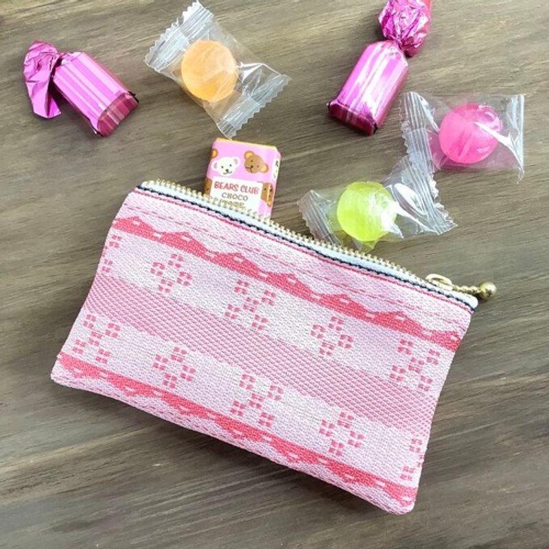 【ミンサー柄】畳縁　ぺたんこ　ミニポーチ　小銭入れ　カードケース　ピンク　白　沖縄　ちゅらべり　縁起物 - 化妝包/收納袋 - 其他材質 粉紅色