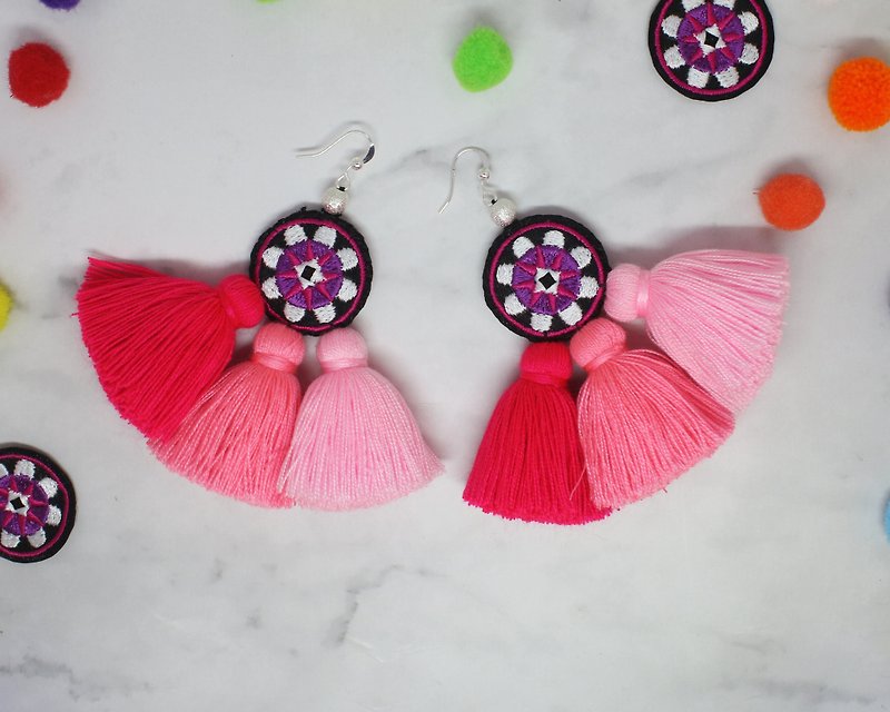 Sweet Tassel Earrings Gift For Girlfriend, Pink Ombre Ethic Embroidery Jewelry