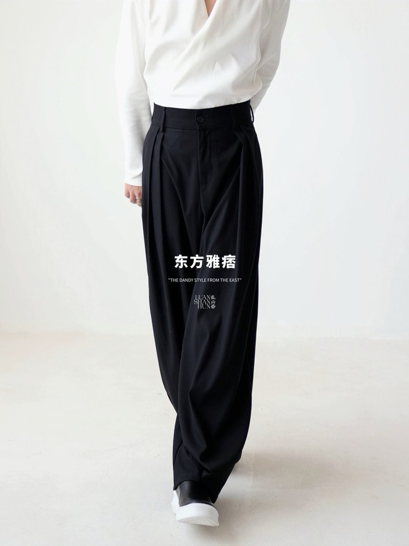 亂山昏 東方雅痞 新中式國風原創雙褶可束腳黑休閒褲秋冬日常通勤 - 男長褲/休閒褲 - 聚酯纖維 黑色