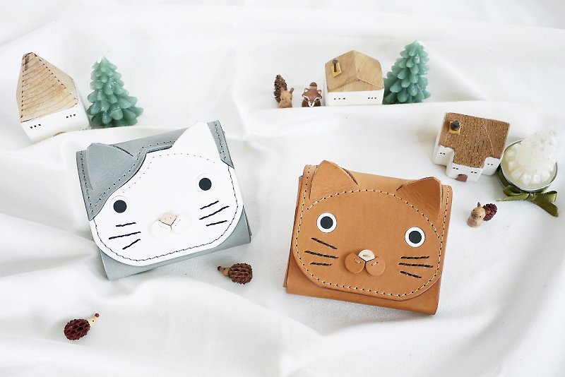 Pre-order丨Cat Large Capacity Cube Coin Purse丨Customizable embossing丨New Year’s Fortune - Coin Purses - Genuine Leather Gray
