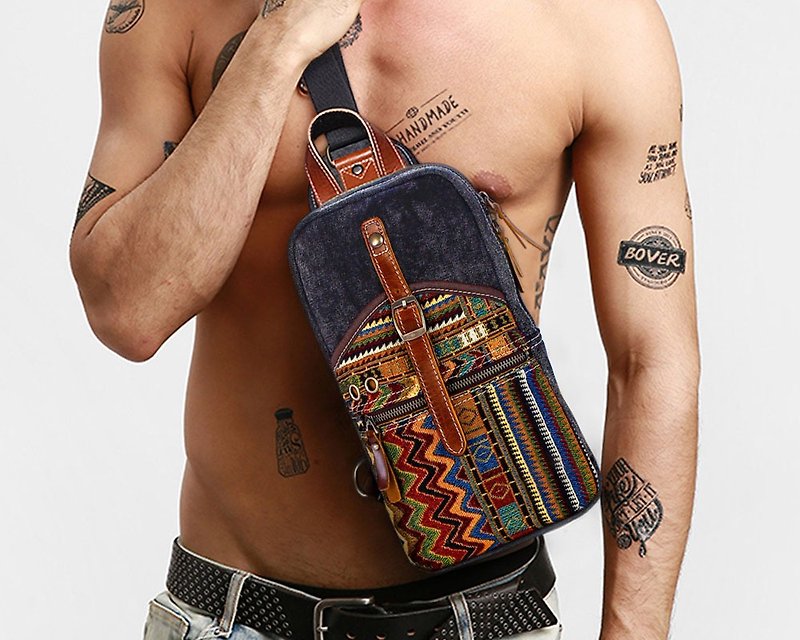 Handmade Shoulder Bag, Leather + Canvas, Waist Bag Side Bag Backpack Leather Bag - กระเป๋าแมสเซนเจอร์ - หนังแท้ 