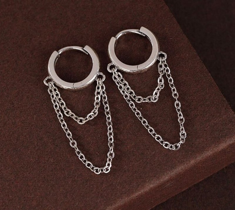 New Fashion 2-layer Chains Earrings for Women Minimalist Ear Hoops - ต่างหู - เงินแท้ สีเงิน