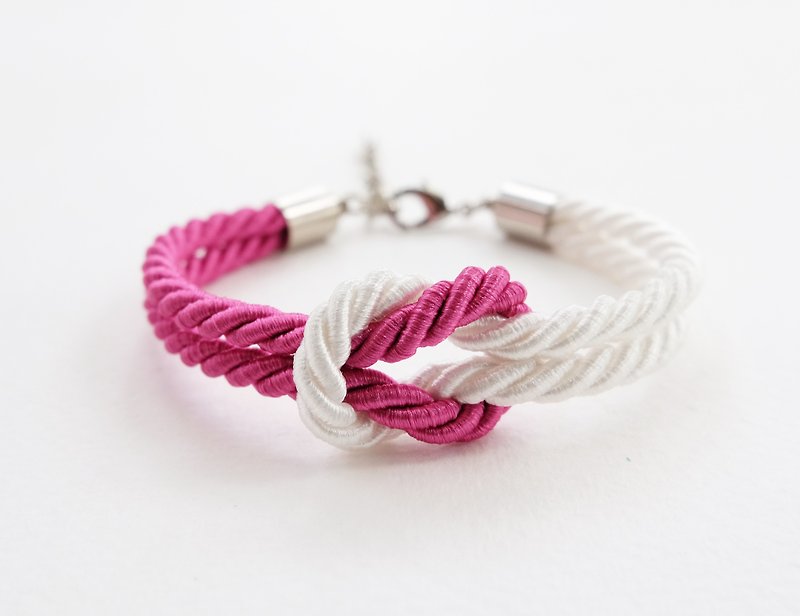 Fuchia pink/White knot rope bracelet - สร้อยข้อมือ - เส้นใยสังเคราะห์ สึชมพู