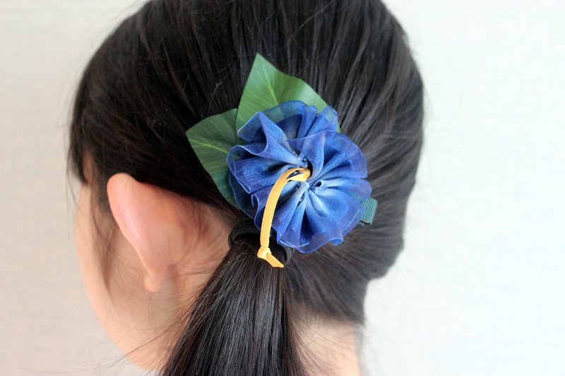 3ways hibiscus hair tie (Organza BLUE), Ponytail Holders, Hawaiian hair bow, - Hair Accessories - Cotton & Hemp Blue