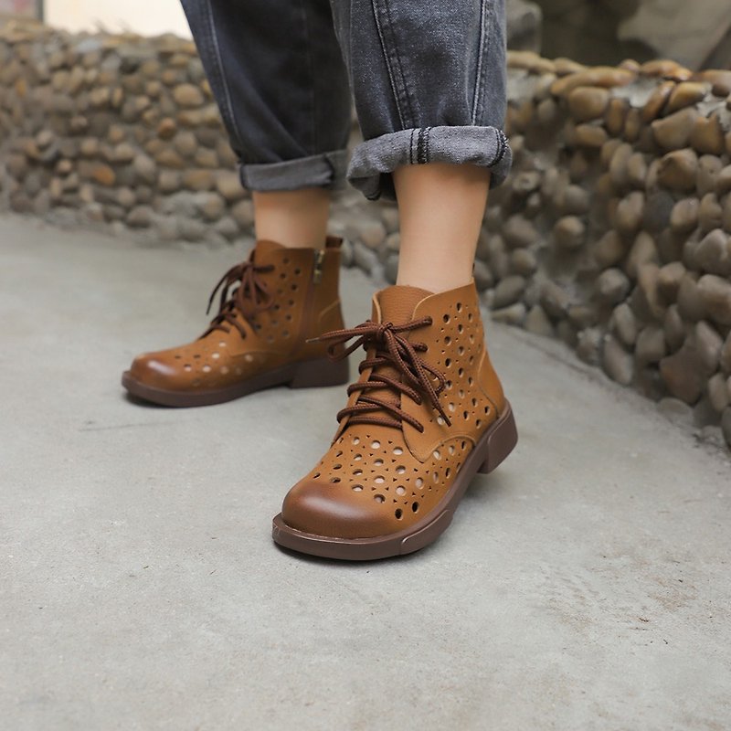 Hollow women's shoes summer lace-up Martin boots - รองเท้ารัดส้น - หนังแท้ สีนำ้ตาล