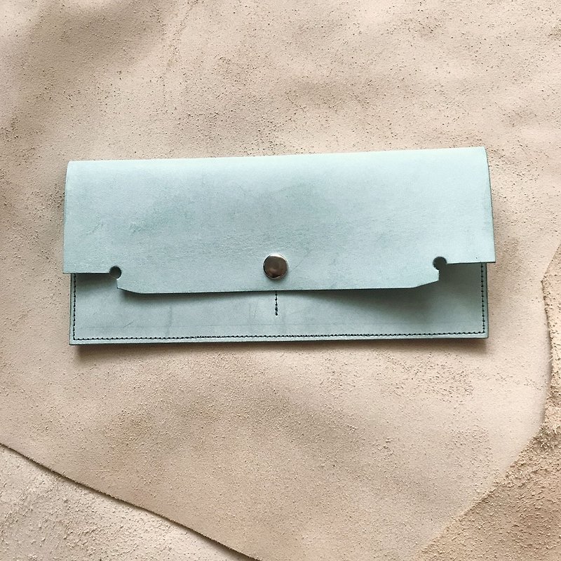 Edition style long clip _ ultra-thin minimalist 4 card layer _ double banknote layer (can be changed) _ waxy mint green - Wallets - Genuine Leather Green