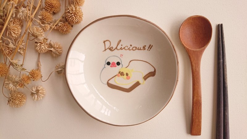 Hey! Bird friend! Bai Wen bird + Huanghua Xuanfeng butter toast painted platter - Plates & Trays - Porcelain Yellow