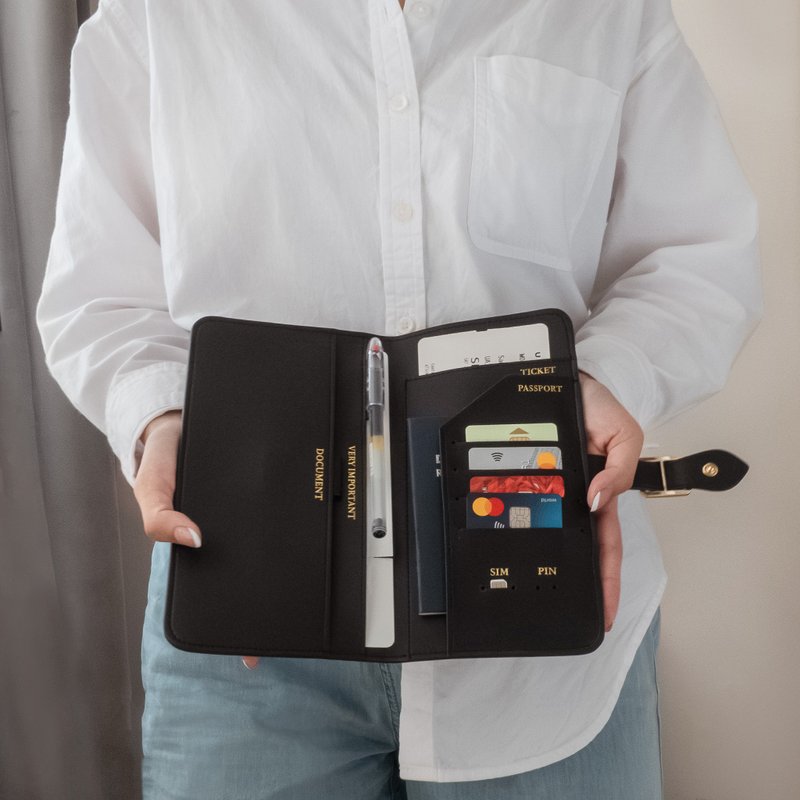 Black Leather Travel Wallet with Safety Loop - Passport Holders & Cases - Other Materials Black