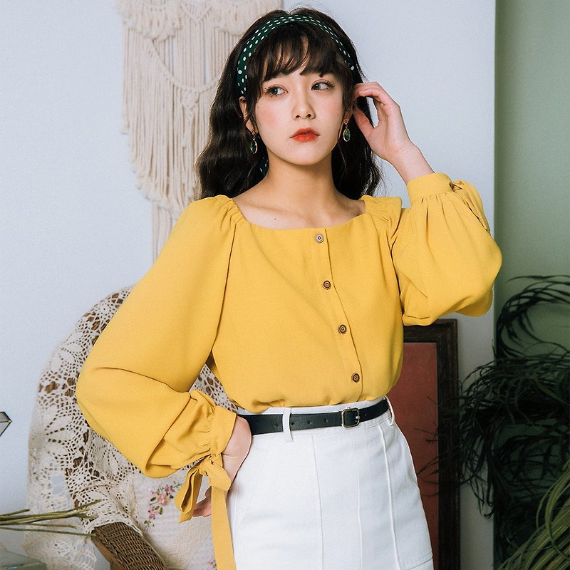 [6.5 full set of 9 fold] spring square collar one shoulder solid color shirt shirt YFC9103 - Women's Tops - Polyester Yellow
