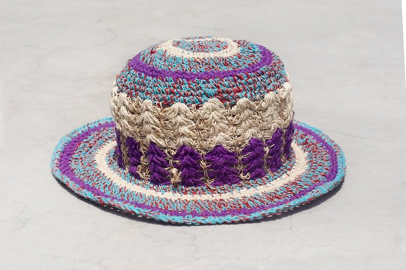 聖誕禮物 限量一件 手工編織棉麻帽/編織帽/漁夫帽/遮陽帽/草帽 - 藍紫色迷幻森林風 - 帽子 - 棉．麻 多色
