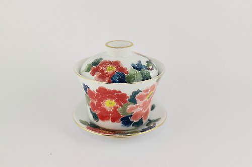 辰鼎窯 純手繪茶杯-牡丹(三件式蓋杯)-紅花