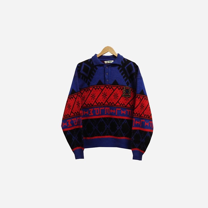 Dislocated vintage / red and blue geometric lapel knitted sweater no.304B1 vintage - สเวตเตอร์ผู้หญิง - ขนแกะ สีน้ำเงิน