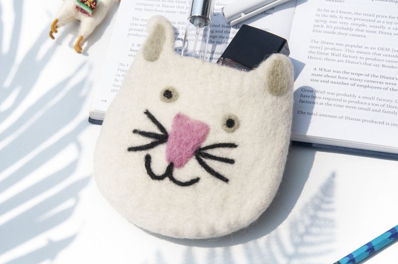 Wool Felt Cosmetic Bag/Wool Felt Storage Bag/Coin Purse/Card Holder/Wool Felt Wallet-White Cat - กระเป๋าเครื่องสำอาง - ขนแกะ หลากหลายสี