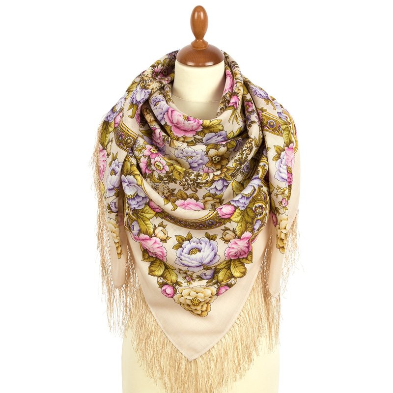 Pavlovo Posad Russian Shawl 100% Wool Scarf 125x125 cm Wrap Silk Fringe 2000-3 - 絲巾 - 羊毛 金色