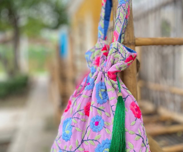 代引不可 バック ペルー 花柄 刺繍 100％Cotton 花柄刺繍トートバッグ