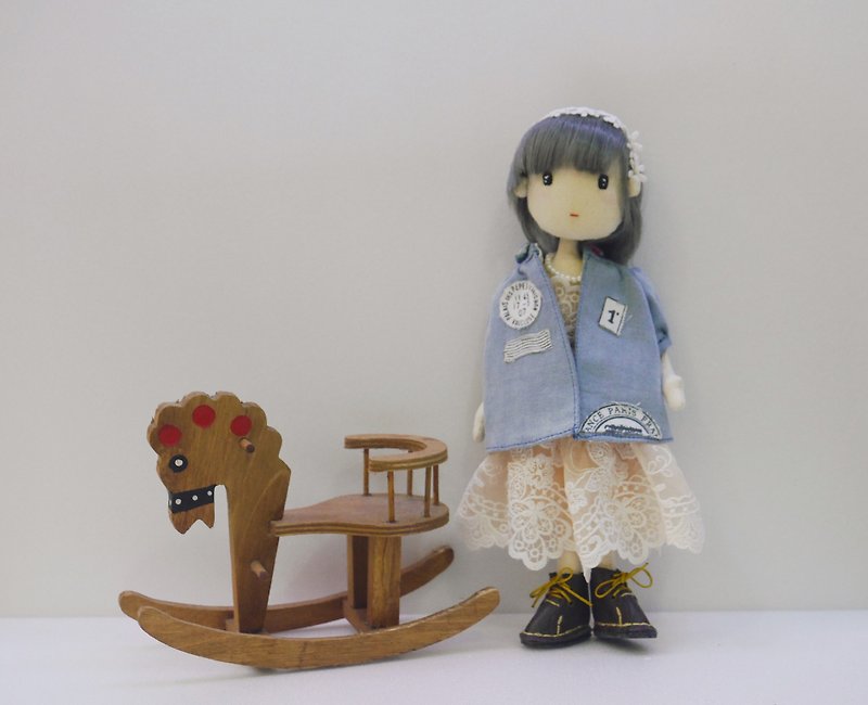 Handmade Doll -Cool Girl with lace dress & denim coat - Stuffed Dolls & Figurines - Cotton & Hemp Gold