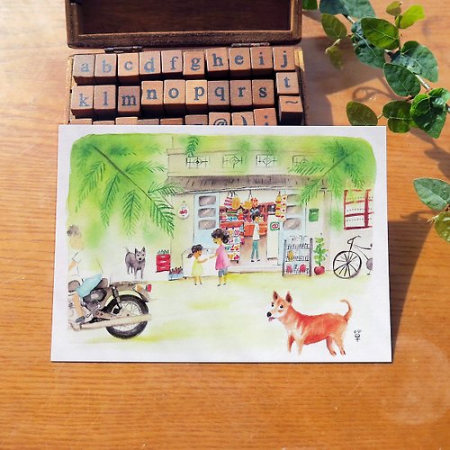 小草屋 grassyhouse 台灣風情系列-老雜貨店與小黑、小黃 明信片