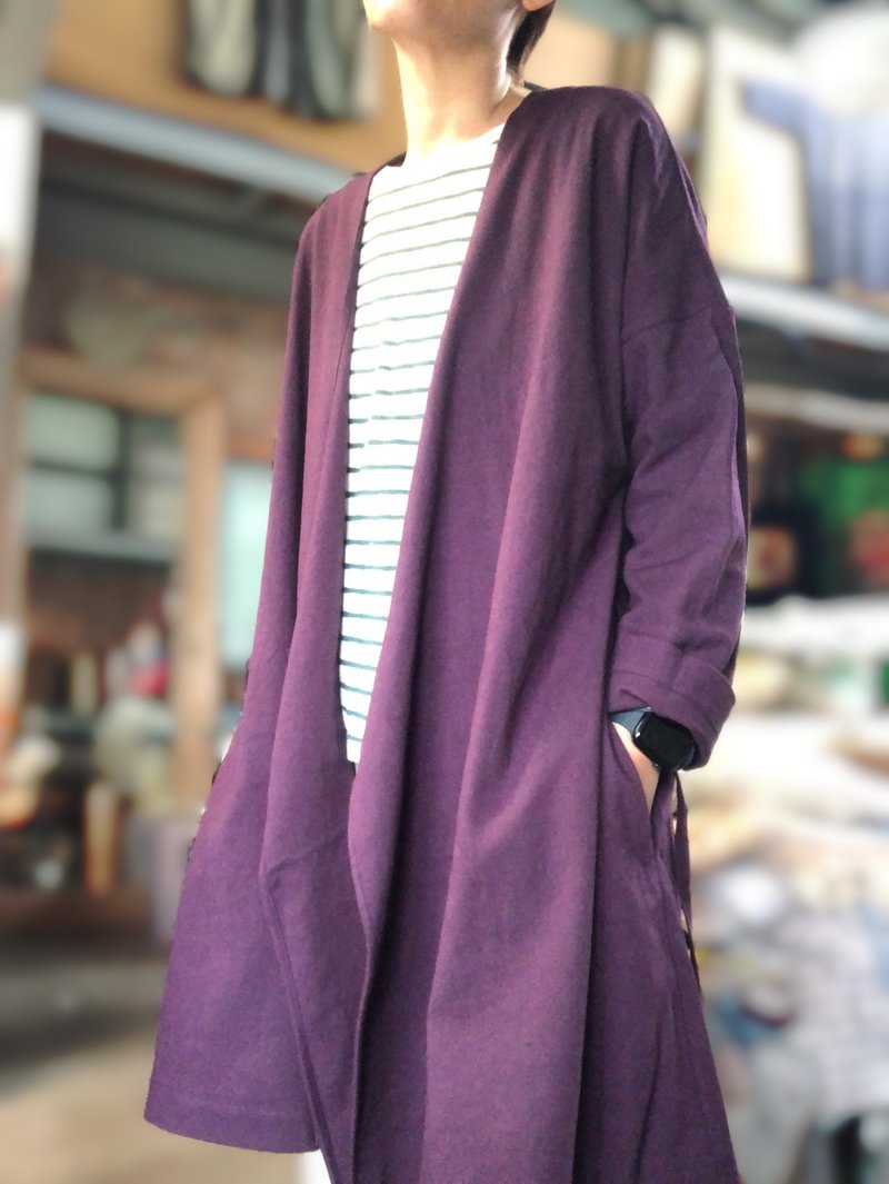 水洗棉麻繫帶袍子外套 - 女大衣/外套 - 棉．麻 多色