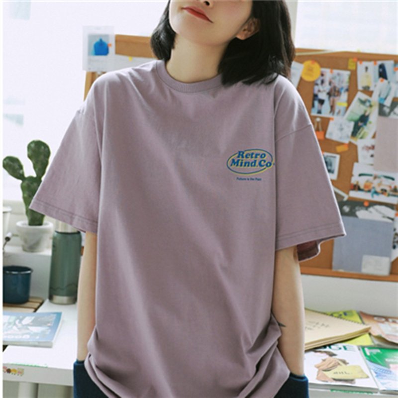 Purple 4-color high-quality pure cotton fun printing behind the multi-color T-shirt round neck unisex loose top S-XL - Women's T-Shirts - Cotton & Hemp Purple