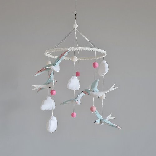 OhMyPenguin Mobile with swallows, Decor from felt flight of swallows, Mobile with birds