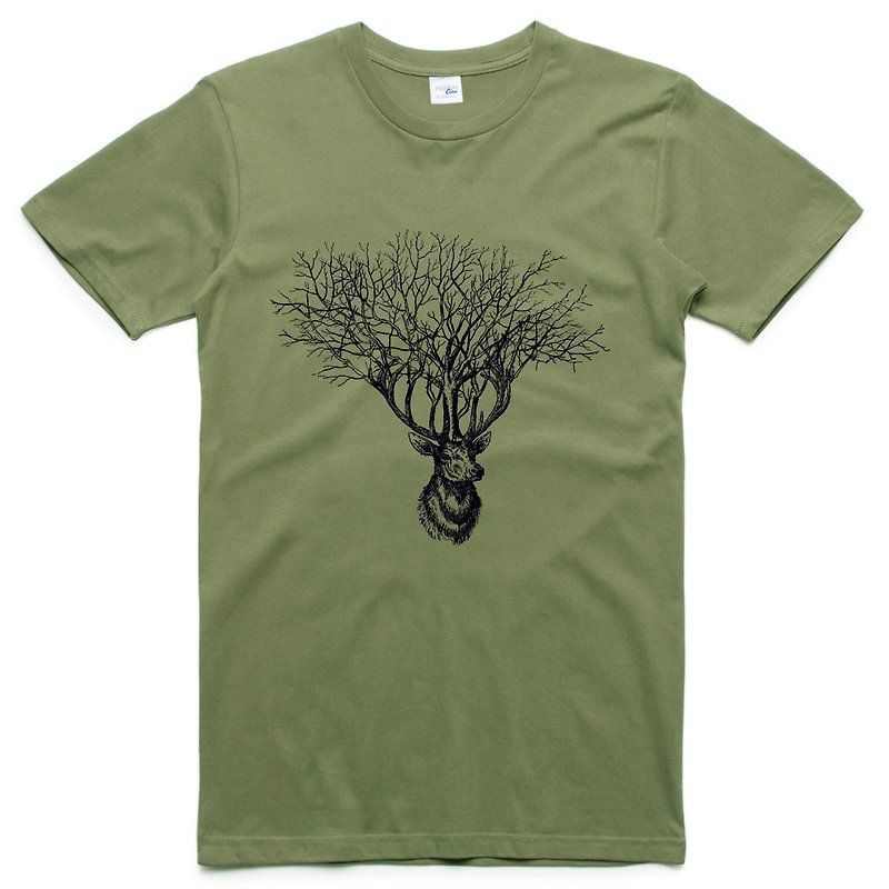 Deer Tree[Spot]Short-sleeved T-shirt Army Green Deer Tree Elk Design Wenqing Self-owned Brand Animal - Men's T-Shirts & Tops - Cotton & Hemp Green