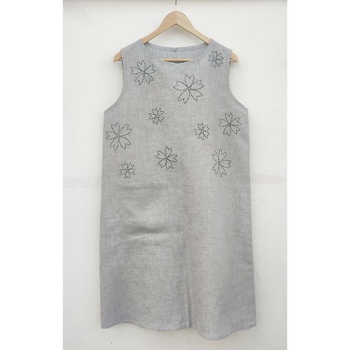 vhann Blue and gray sleeveless dress with flower lover embroidery.
