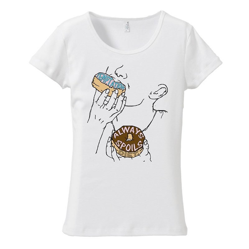 Women's T-shirt / temptation always spoils diet - เสื้อยืดผู้หญิง - ผ้าฝ้าย/ผ้าลินิน ขาว