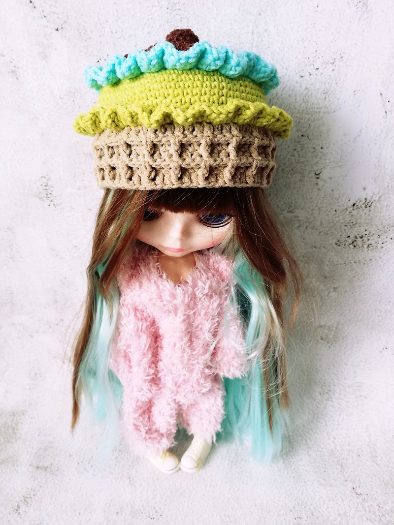 Blythe hat crochet blue green Ice Cream - Stuffed Dolls & Figurines - Cotton & Hemp Blue