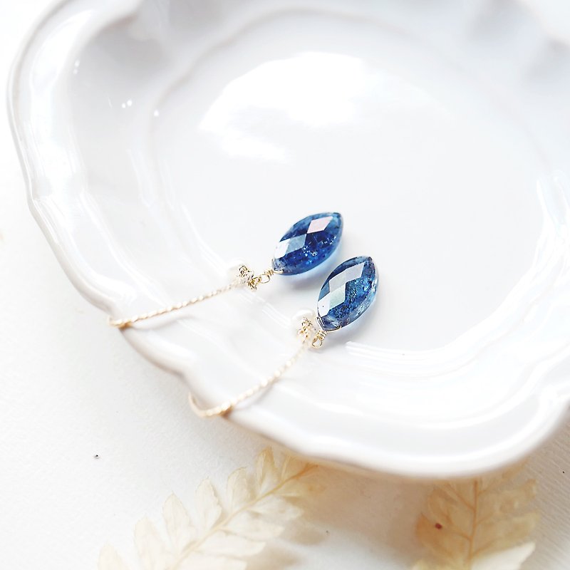 苔蘚紋藍晶石  橄欖籽型 豔澤 性感  14K水晶 事業 水晶輕珠寶 - 耳環/耳夾 - 寶石 藍色