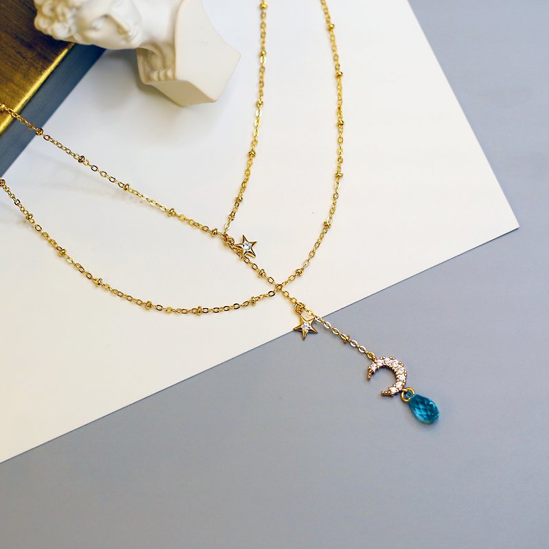 Moonlight Starry Crystal Double Chain Necklace - สร้อยคอ - คริสตัล สีทอง