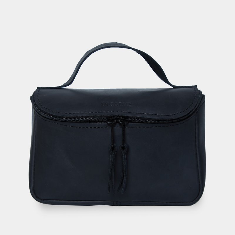 Black vintage leather toiletry bag – Handmade cosmetic organizer - Toiletry Bags & Pouches - Genuine Leather Black