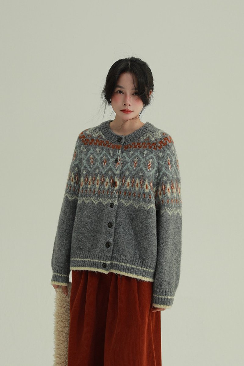 3顏色 冬雪 費爾島毛衣 復古文藝聖誕氛圍感休閒針織開衫 - 女毛衣/針織衫 - 其他人造纖維 灰色