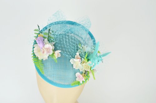 Elle Santos Dipped Sinamay Hat Headpiece in Blue with Unicorn, Cascading Flowers and Veil