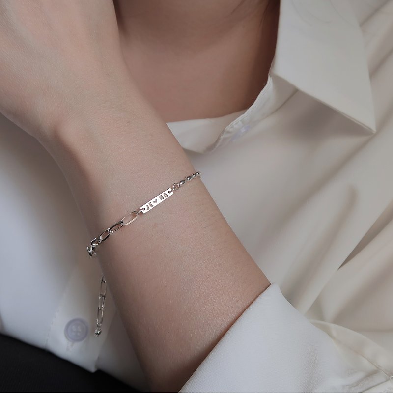 925 sterling silver asymmetric oval bead rectangular chain customized engraving bracelet - สร้อยข้อมือ - เงินแท้ ขาว