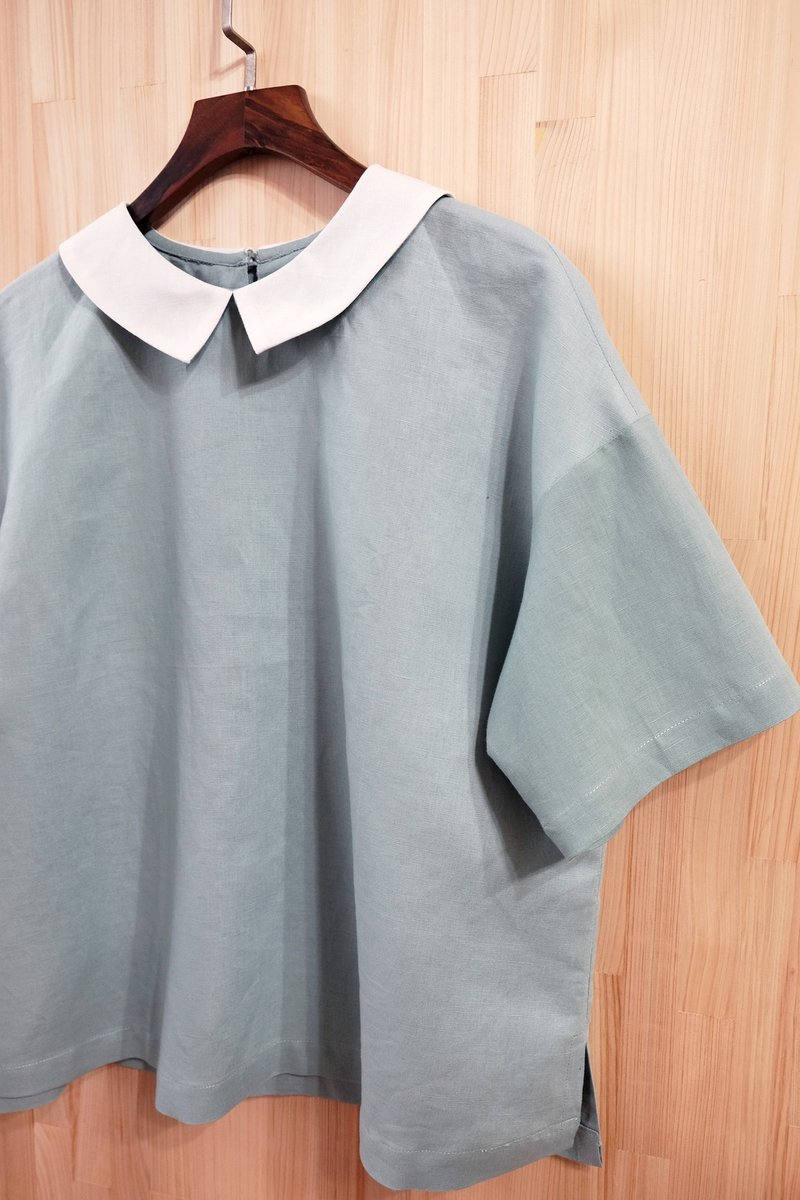 Off-shoulder shirt with small collar/Lake Green - Women's Tops - Cotton & Hemp Multicolor