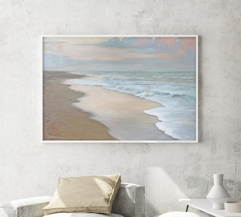 Neutral Sea Painting | Beige Sea | Beige Coast Seascape Painting | Sea vibes 5 - 壁貼/牆壁裝飾 - 棉．麻 藍色
