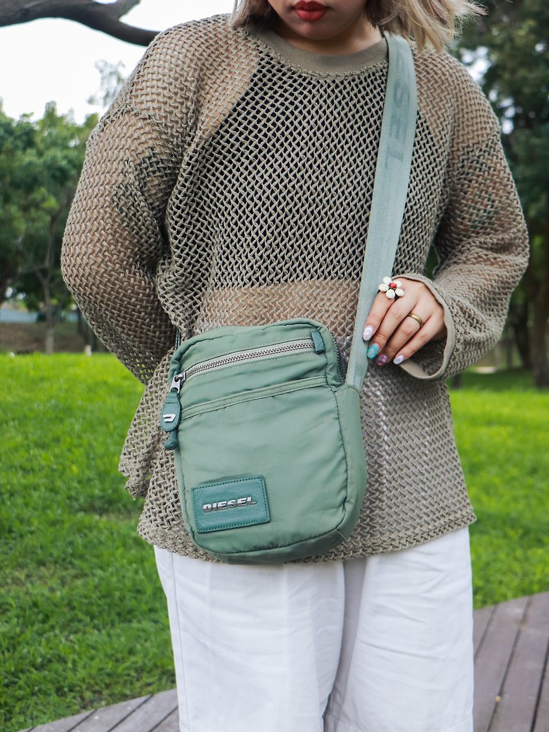 Tsubasa.Y│Vintage bag A01 DIESEL side backpack gray green boutique bag side backpack brand - กระเป๋าแมสเซนเจอร์ - วัสดุอื่นๆ สีเขียว