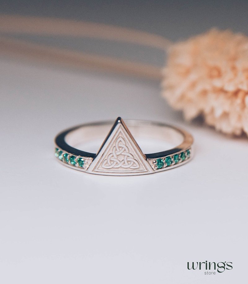 Silver Triangle Trinity Celtic Ring with Tiny Natural Emeralds Custom Gems - General Rings - Sterling Silver Silver