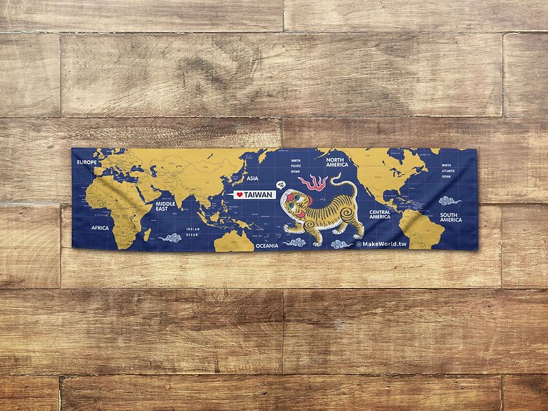 Make World map manufacturing sports towel (blue ground yellow tiger meow meow A) - ผ้าขนหนู - เส้นใยสังเคราะห์ 