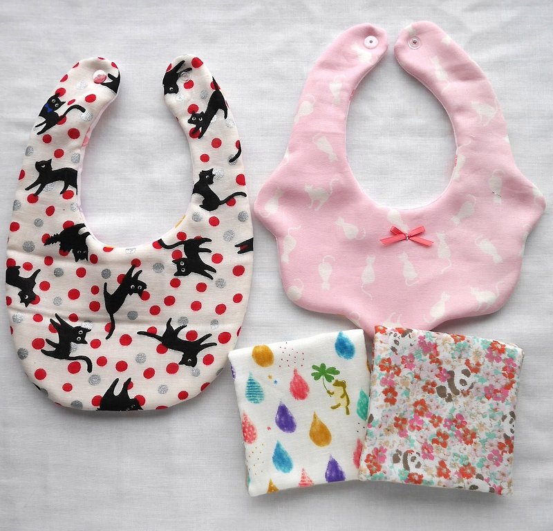【Lucky Bag】 2 gauze bibs & 2 gauze mini handkerchievs - Bibs - Paper Pink