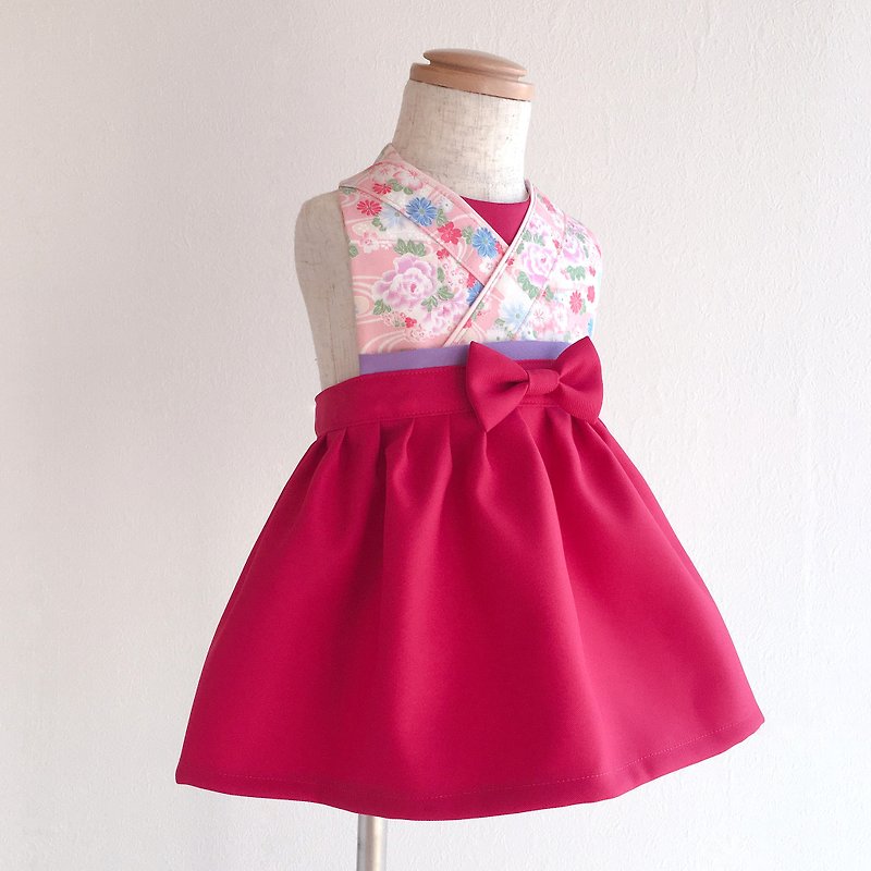 Kimono Bib Dress  - Running water fower Pink - Wine Red - Bibs - Cotton & Hemp Red
