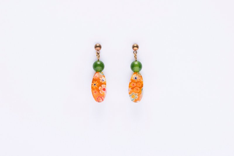 Flowery glazed earrings – pineapple - ต่างหู - กระจกลาย สีส้ม