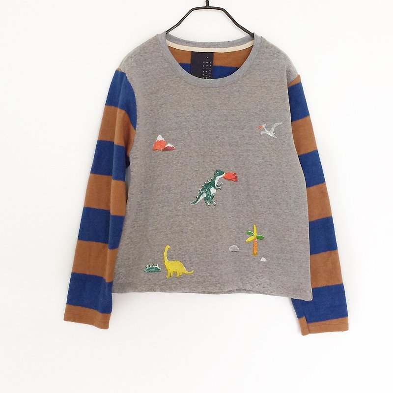 Dinosaur and Friends  // Sweater /// Striped Sleeves - Women's Sweaters - Cotton & Hemp Multicolor