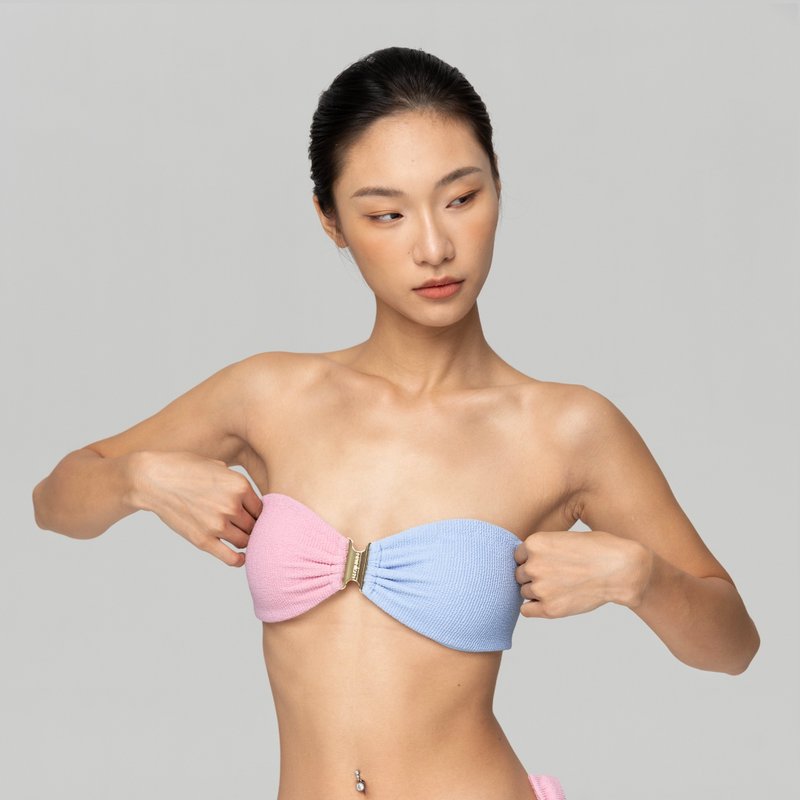 ornoir.co Pink light blue flat top with contrasting straps bikini top - Women's Swimwear - Polyester Multicolor