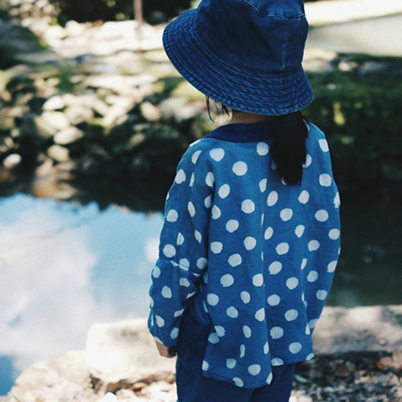 藍染印花兒童防曬衣 透氣防曬衣 Indigo印度薄棉布道袍和風Kimino - 男/女童外套 - 棉．麻 藍色