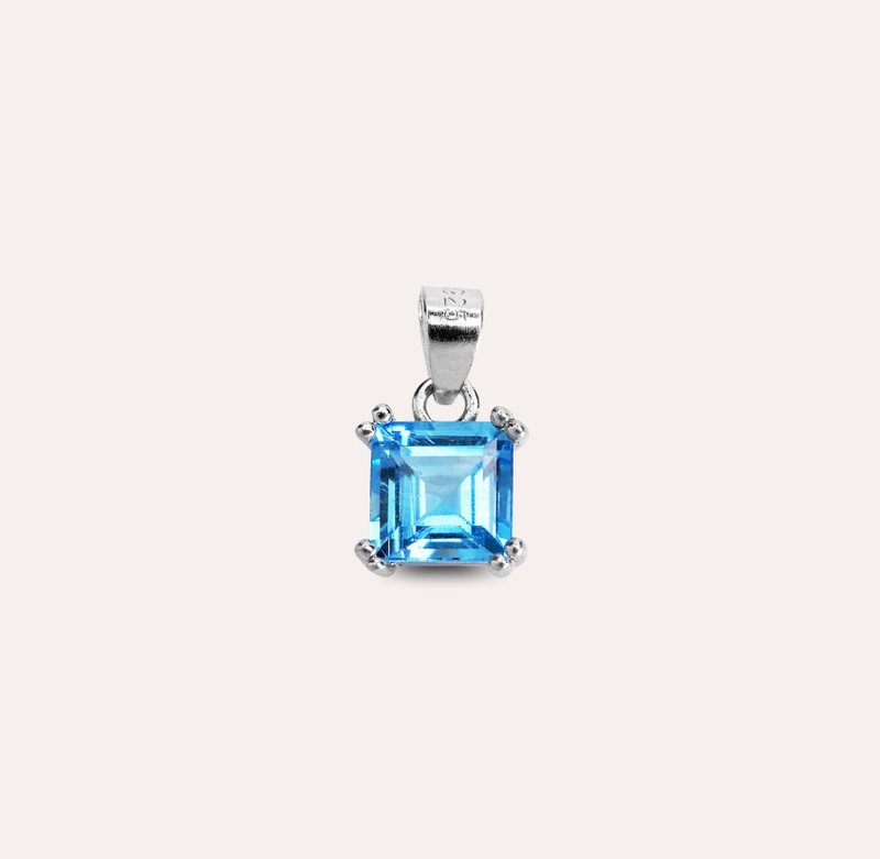 安珠 托帕石 藍色 瑞士藍 方形 6mm 墜子 經典系列 Square P 寶 - 項鍊 - 銀 藍色