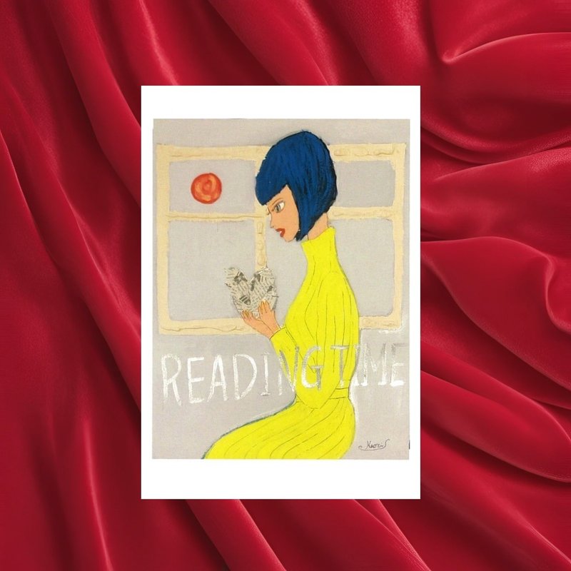 ポストカード　読書する女の子 - 卡片/明信片 - 紙 黃色