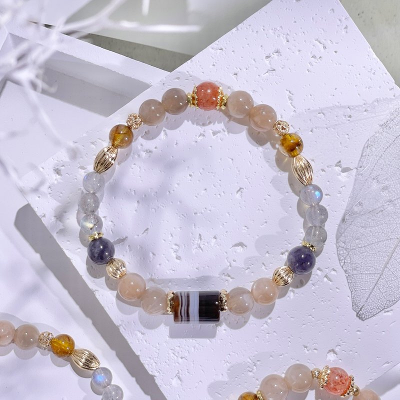 The sea facing the light | Persian Gulf agate | moonlight | cordierite | sun Stone| coffee titanium | A2413 - สร้อยข้อมือ - คริสตัล สีส้ม